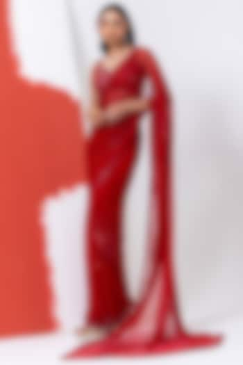 Fiery Red Tulle Sequins Hand Embroidered Pre-Draped Saree Set by Mehak Sharma at Pernia's Pop Up Shop