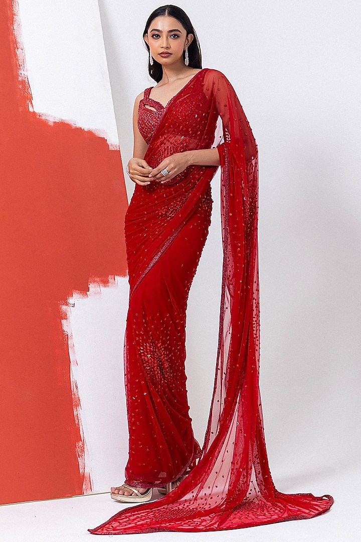 Fiery Red Tulle Sequins Hand Embroidered Pre-Draped Saree Set by Mehak Sharma at Pernia's Pop Up Shop