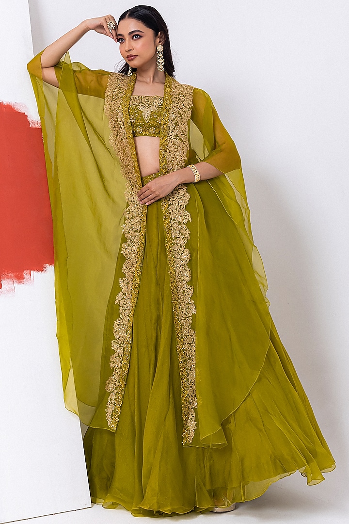 Jade Green Organza Resham & Jaal Hand Embroidered Jacket Wedding Lehenga Set by Mehak Sharma at Pernia's Pop Up Shop