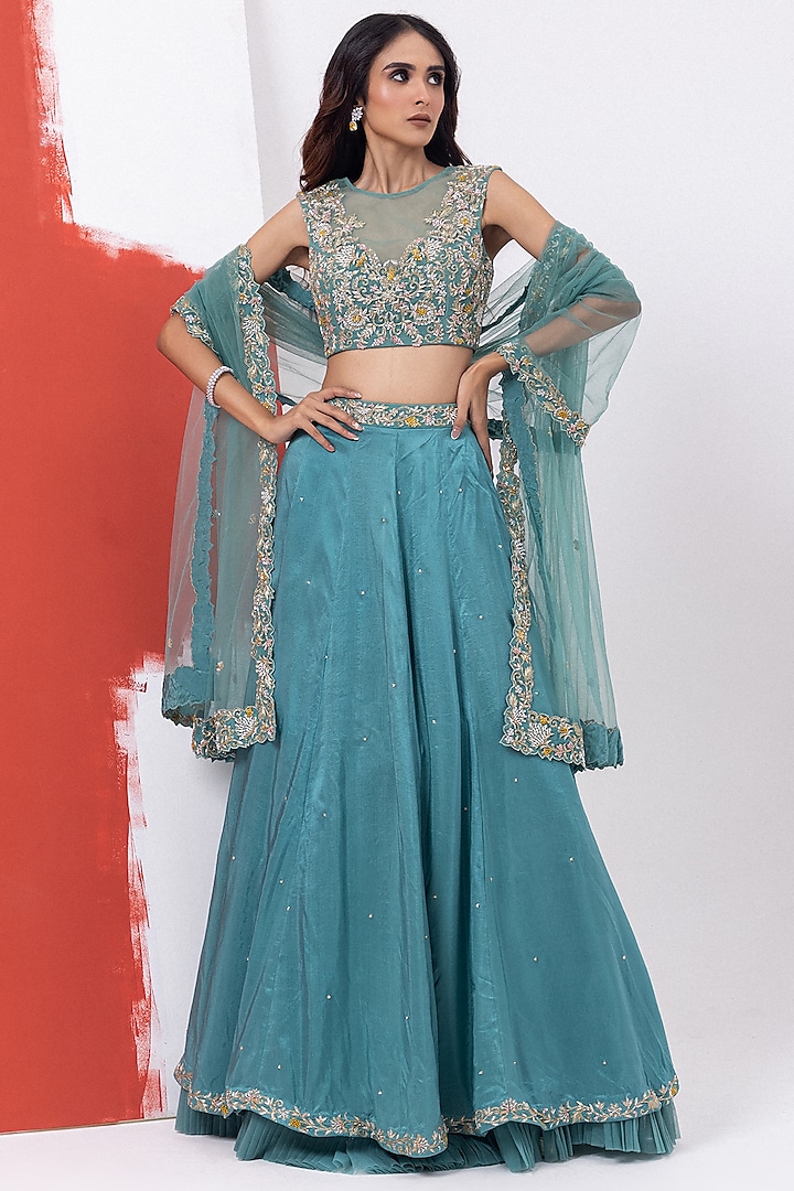 Marine Green Habutai Sequins & Jaal Hand Embroidered Wedding Lehenga Set by Mehak Sharma at Pernia's Pop Up Shop