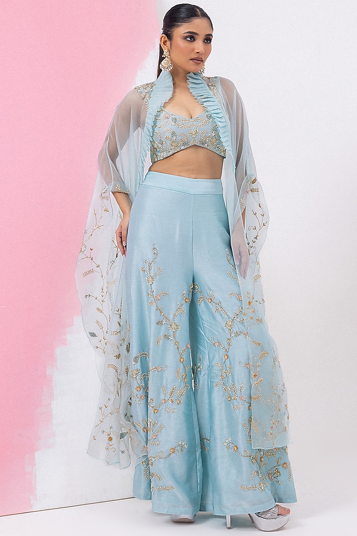 Angel Blue Organza Jaal Hand Embroidered Sharara Set by Mehak Sharma at Pernia's Pop Up Shop