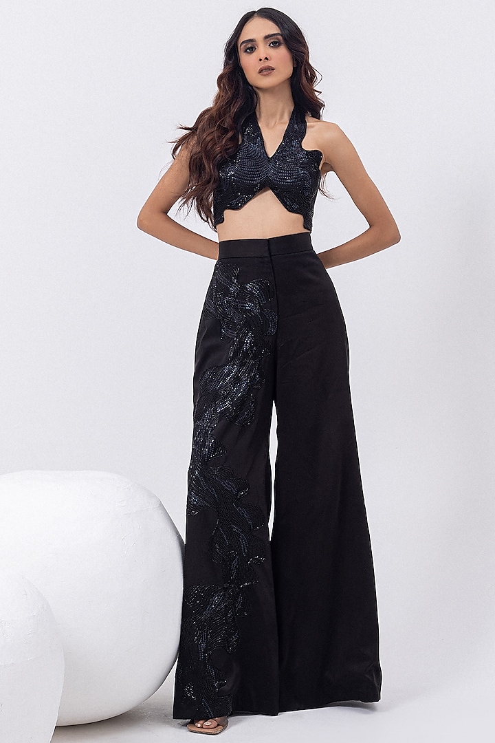 Midnight Black Satin Pant Set by Mehak Sharma at Pernia's Pop Up Shop