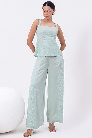 Aqua Satin Organza Pant Set by Mehak Sharma