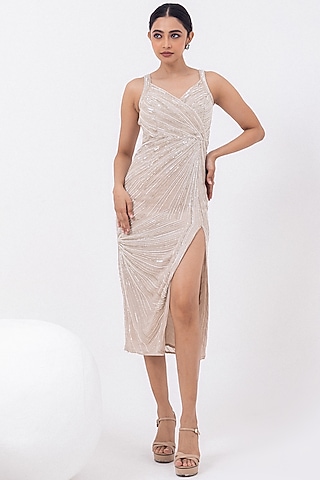 Champagne Georgette Swarovski Hand Embroidered Midi Dress by Mehak Sharma