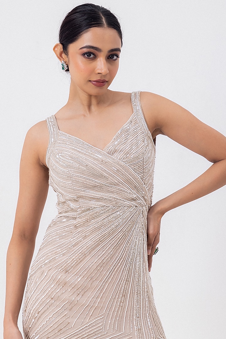 Champagne Georgette Swarovski Hand Embroidered Midi Cocktail Dress by Mehak Sharma at Pernia's Pop Up Shop