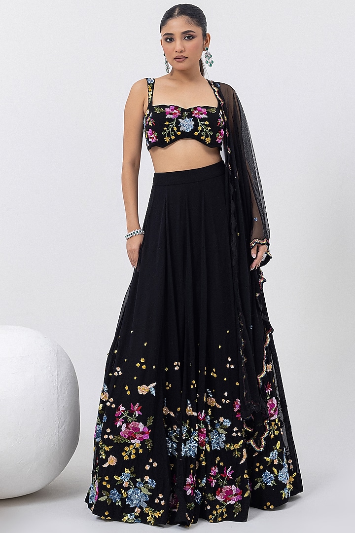 Onyx Black Georgette Sequins & Floral Hand Embroidered Wedding Lehenga Set by Mehak Sharma at Pernia's Pop Up Shop