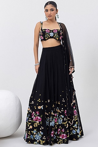 Onyx Black Georgette Sequins & Floral Hand Embroidered Lehenga Set by Mehak Sharma