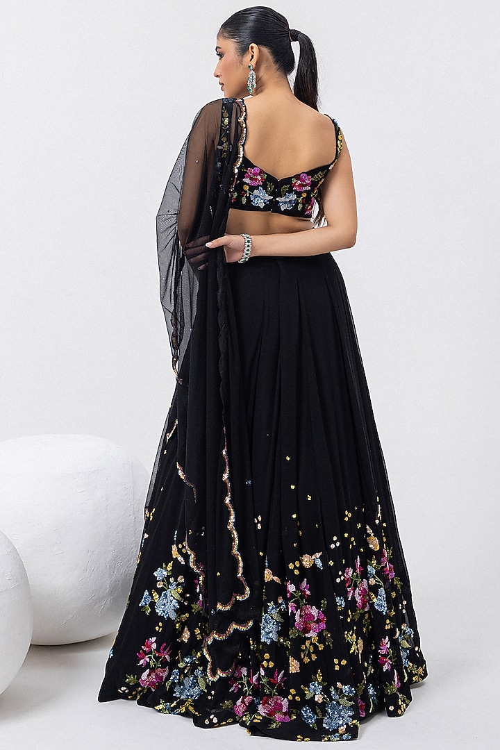 Onyx Black Georgette Sequins & Floral Hand Embroidered Wedding Lehenga Set by Mehak Sharma at Pernia's Pop Up Shop