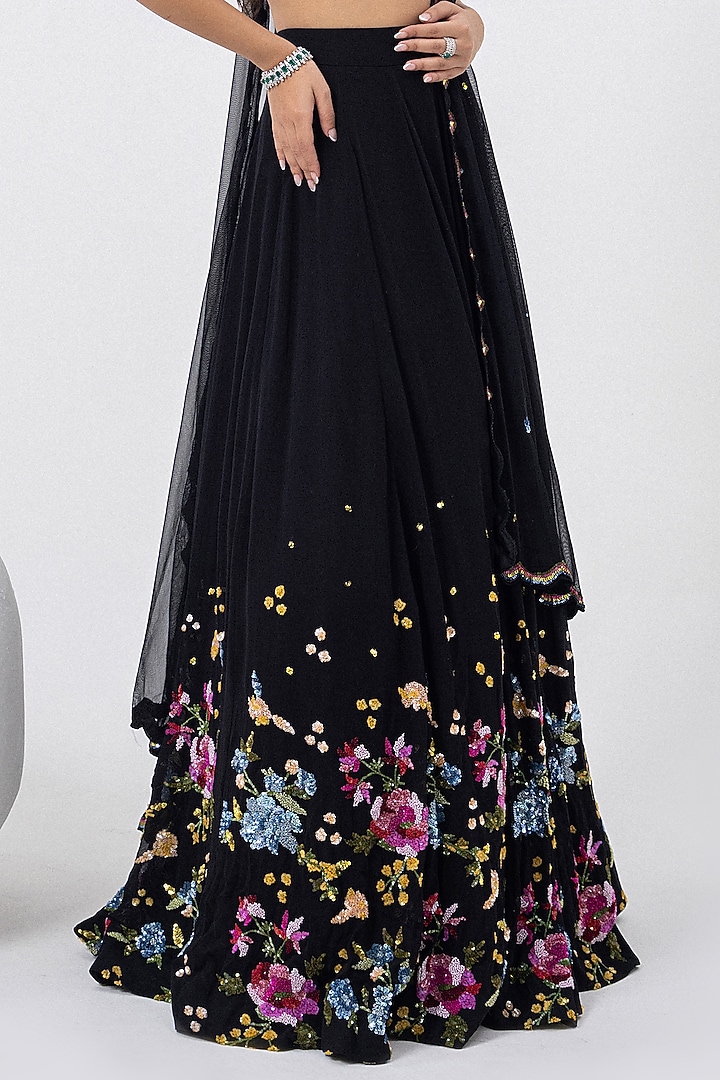 Onyx Black Georgette Sequins & Floral Hand Embroidered Wedding Lehenga Set by Mehak Sharma at Pernia's Pop Up Shop
