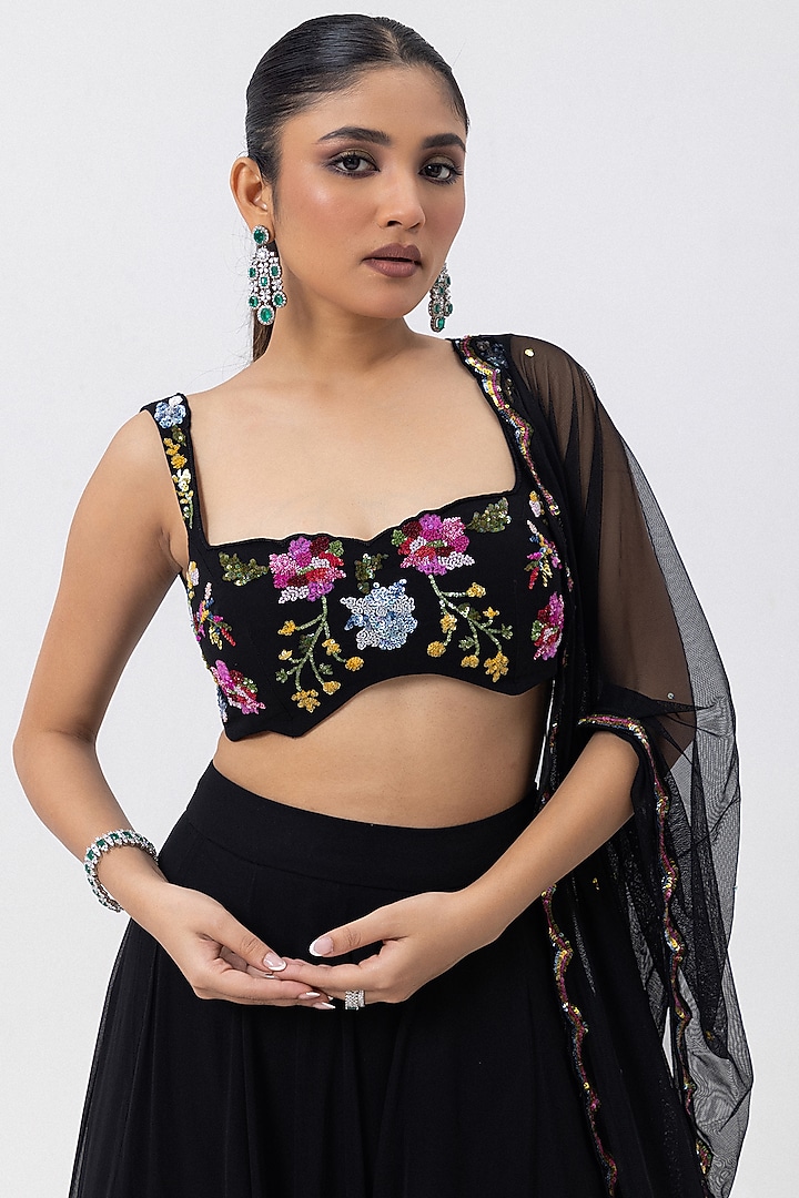 Onyx Black Georgette Sequins & Floral Hand Embroidered Wedding Lehenga Set by Mehak Sharma at Pernia's Pop Up Shop
