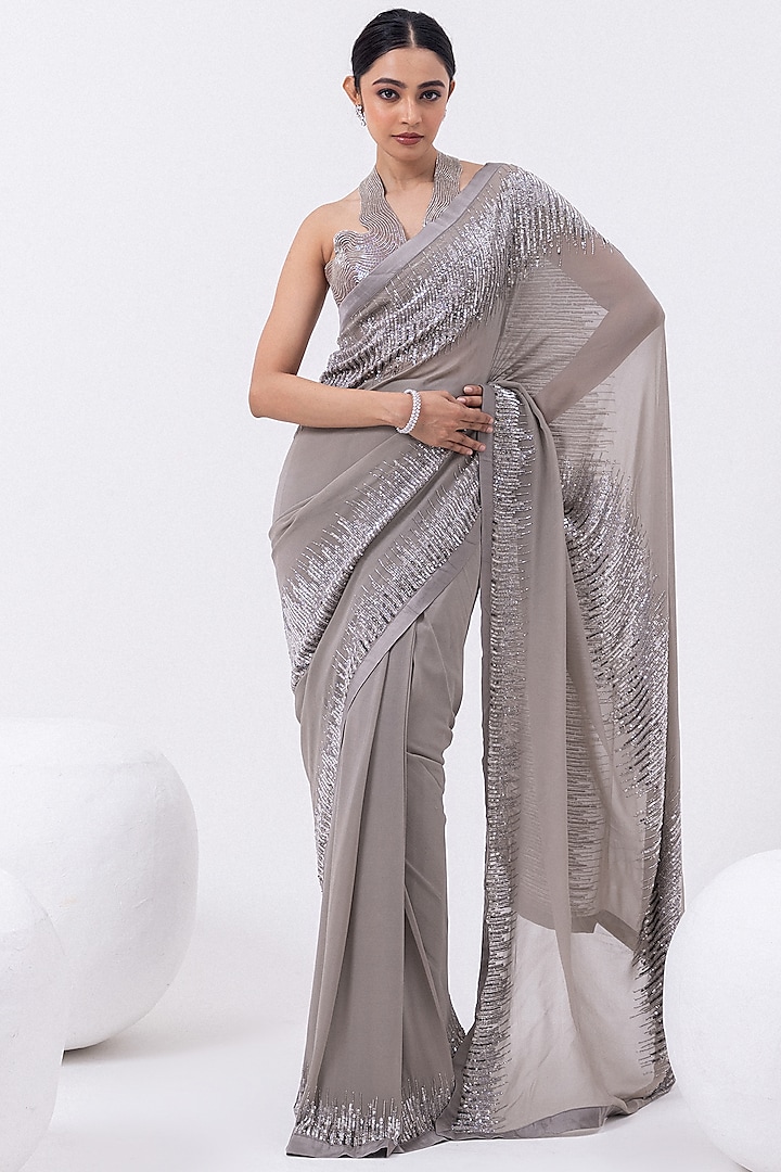 Glacier Grey Georgette Sequins & Cutdana Embroidered Pre-Draped Saree Set by Mehak Sharma at Pernia's Pop Up Shop