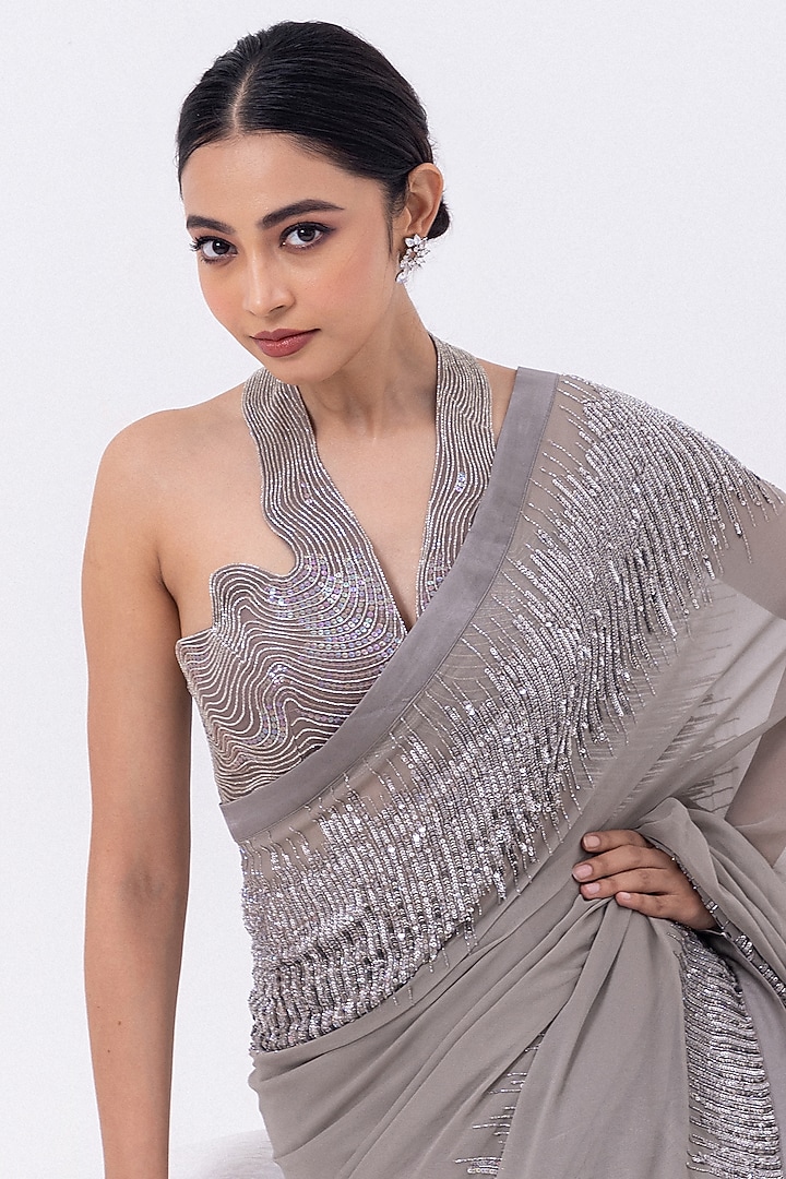Glacier Grey Georgette Sequins & Cutdana Embroidered Pre-Draped Wedding Saree Set by Mehak Sharma at Pernia's Pop Up Shop