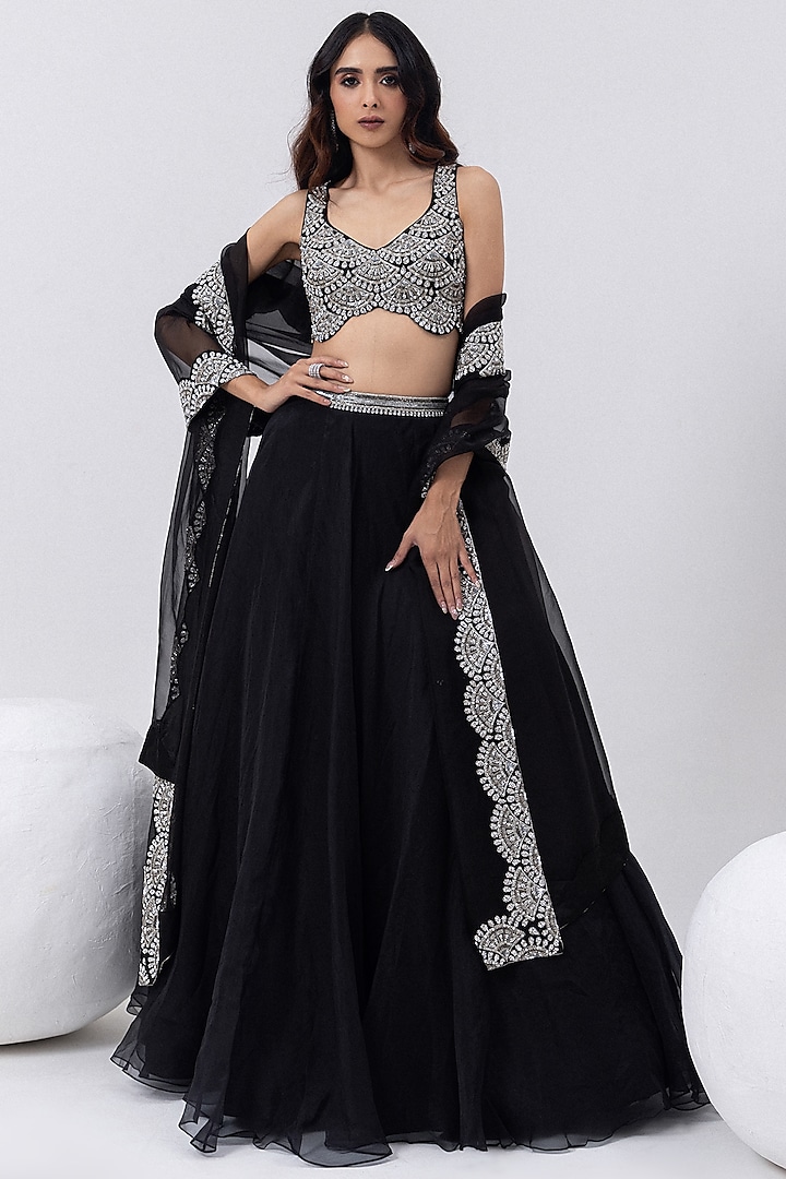 Midnight Black Organza Zari Hand Embroidered Wedding Lehenga Set by Mehak Sharma at Pernia's Pop Up Shop