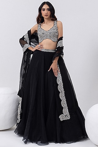 Midnight Black Organza Zari Hand Embroidered Lehenga Set by Mehak Sharma
