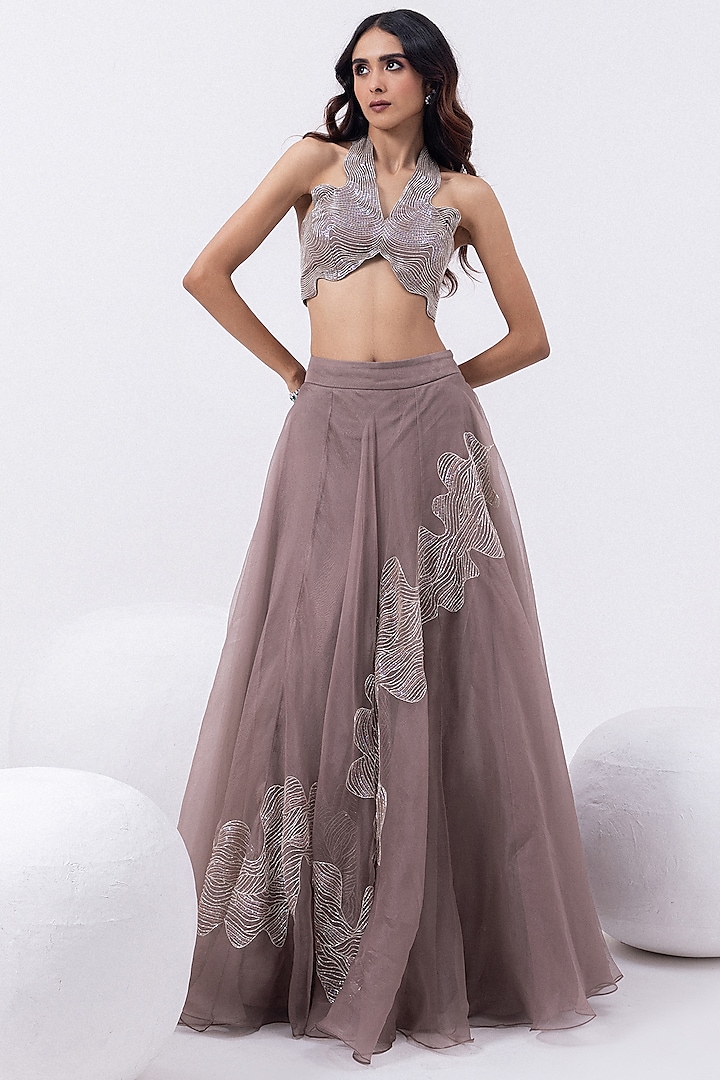 Opal Grey Organza Cutdana Hand Embroidered Wedding Lehenga Set by Mehak Sharma at Pernia's Pop Up Shop