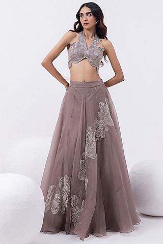 Opal Grey Organza Cutdana Hand Embroidered Lehenga Set by Mehak Sharma