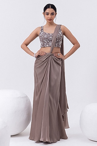 Opal Grey Satin Hand Embroidered Draped Saree Set by Mehak Sharma