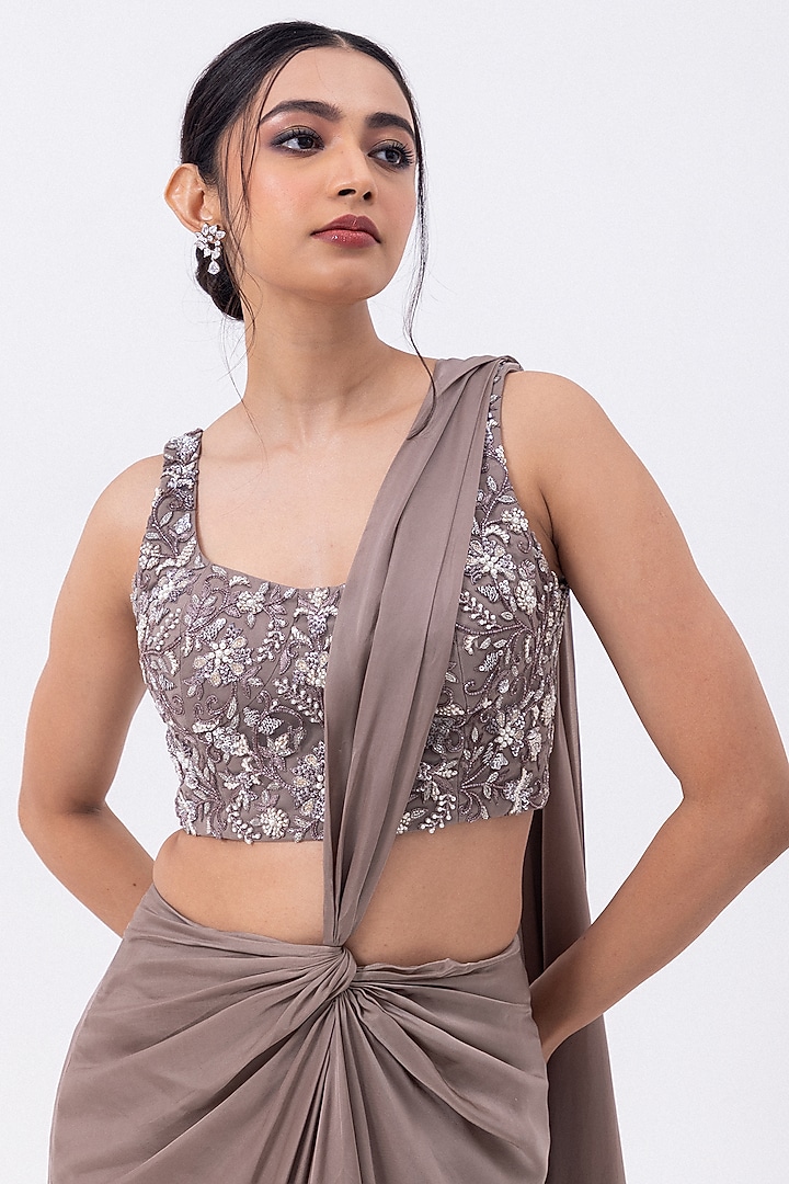 Opal Grey Satin Hand Embroidered Draped Wedding Saree Set by Mehak Sharma at Pernia's Pop Up Shop