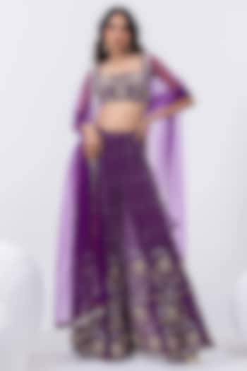 Purple Georgette & Tulle Hand Embroidered Sharara Set by Mehak Sharma at Pernia's Pop Up Shop