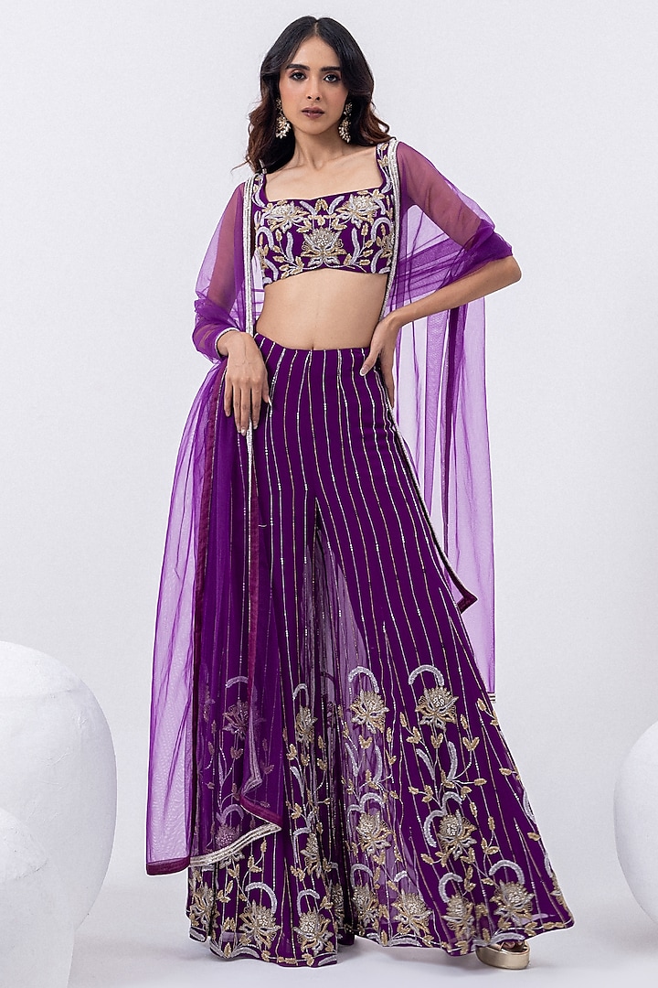 Purple Georgette & Tulle Hand Embroidered Sharara Set by Mehak Sharma at Pernia's Pop Up Shop