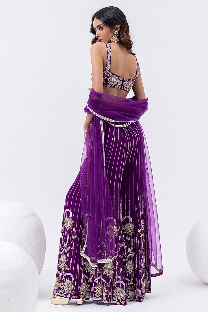 Purple Georgette & Tulle Hand Embroidered Wedding Sharara Set by Mehak Sharma at Pernia's Pop Up Shop