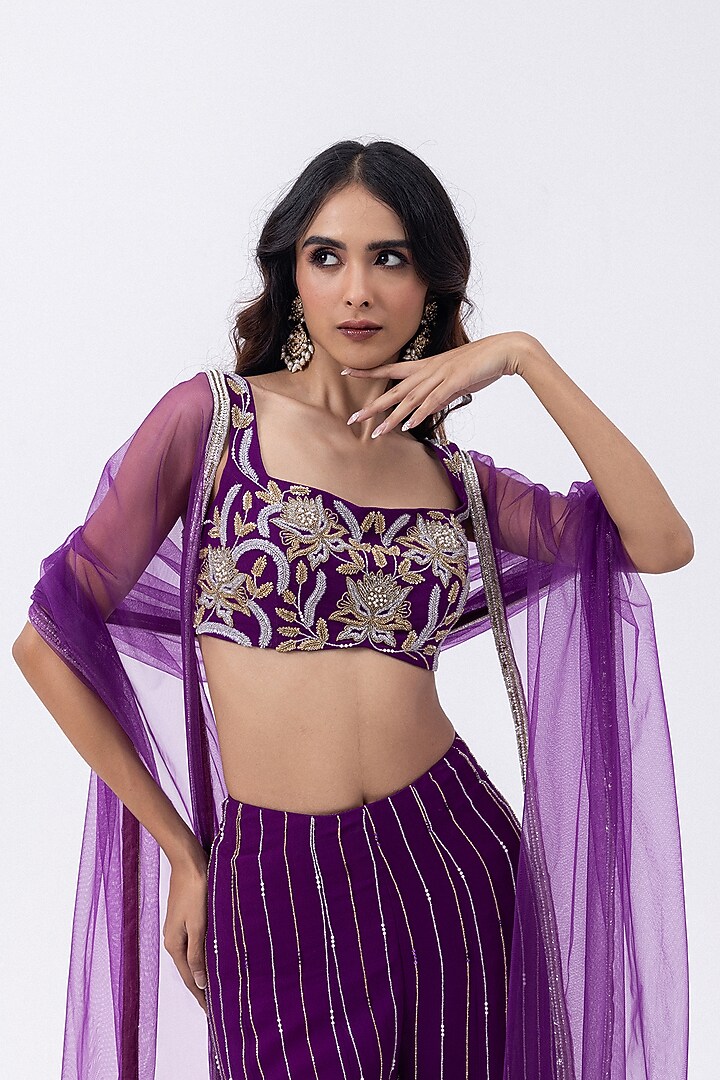 Purple Georgette & Tulle Hand Embroidered Wedding Sharara Set by Mehak Sharma at Pernia's Pop Up Shop