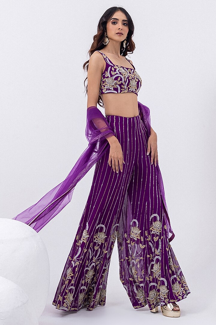Purple Georgette & Tulle Hand Embroidered Wedding Sharara Set by Mehak Sharma at Pernia's Pop Up Shop
