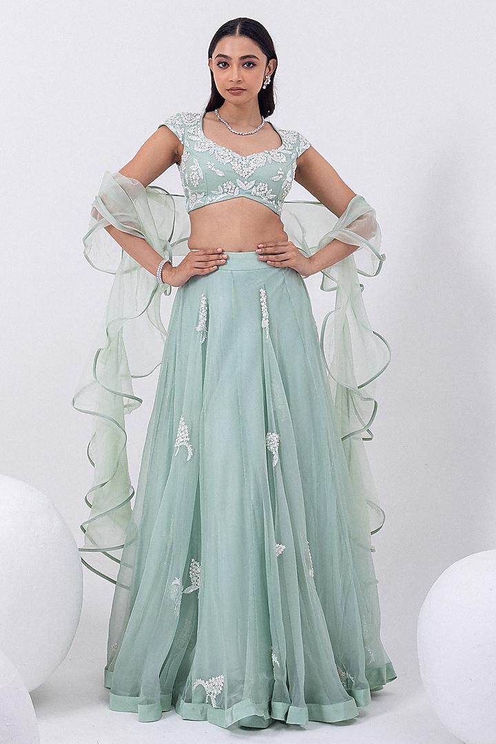 Gracious Green Organza Hand Embroidered Wedding Lehenga Set by Mehak Sharma at Pernia's Pop Up Shop