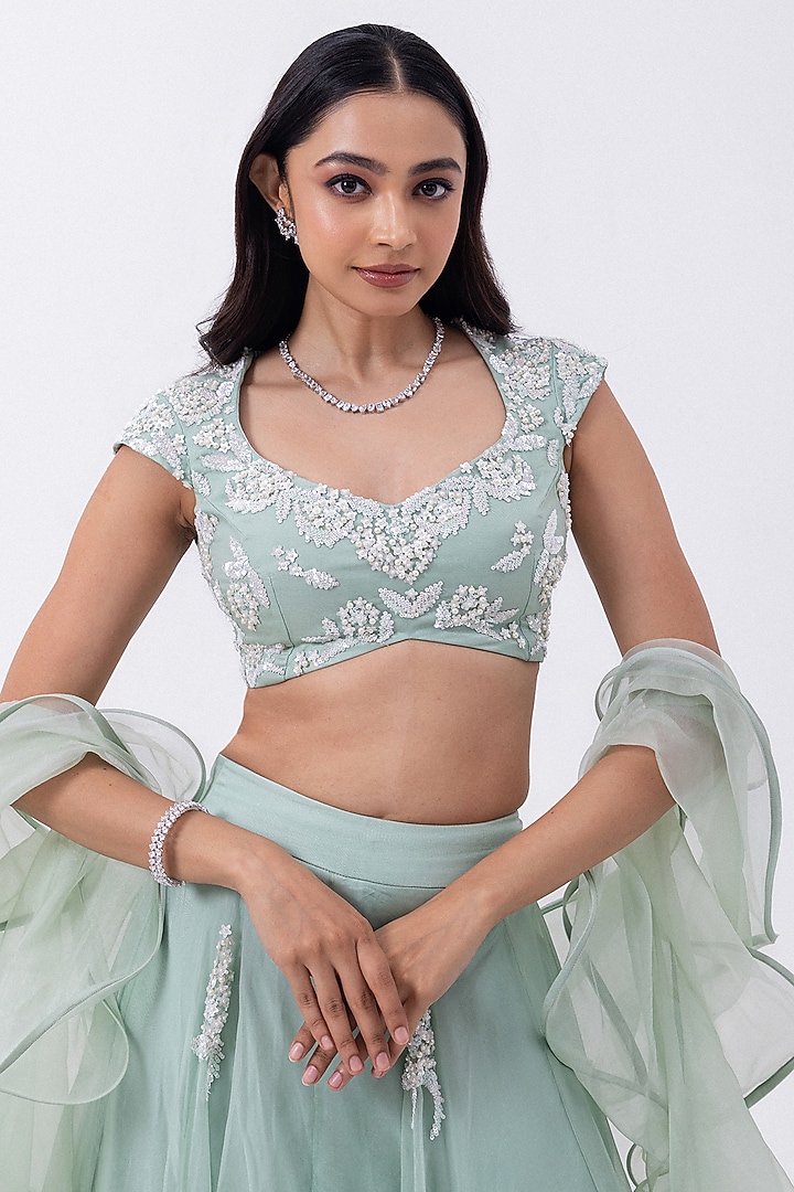 Gracious Green Organza Hand Embroidered Wedding Lehenga Set by Mehak Sharma at Pernia's Pop Up Shop