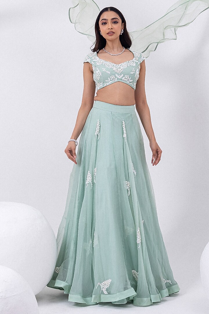 Gracious Green Organza Hand Embroidered Wedding Lehenga Set by Mehak Sharma at Pernia's Pop Up Shop