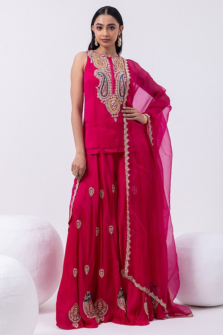 Raspberry Sorbet Pink Satin Organza Hand Embroidered Kurta Set by Mehak Sharma at Pernia's Pop Up Shop