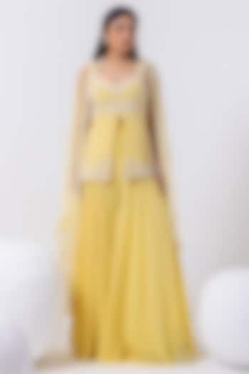 Yellow Jasper Georgette & Tulle Sharara Set by Mehak Sharma at Pernia's Pop Up Shop