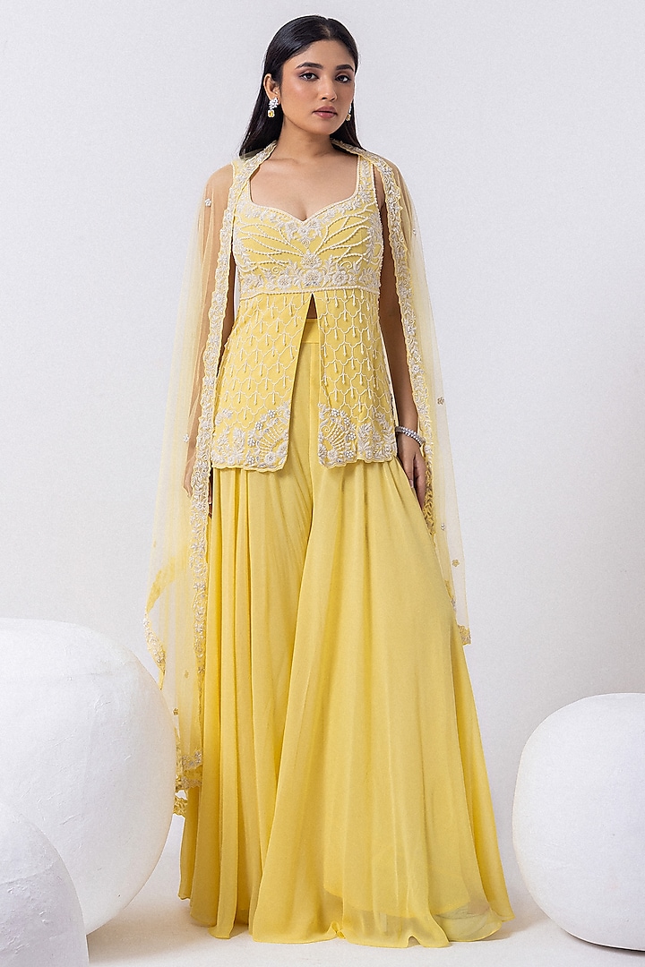 Yellow Jasper Georgette & Tulle Sharara Set by Mehak Sharma at Pernia's Pop Up Shop