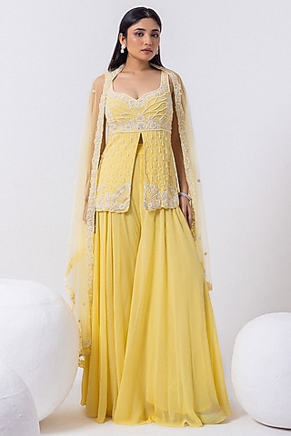 Yellow Jasper Georgette & Tulle Sharara Set by Mehak Sharma