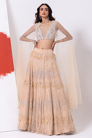 Tropical Peach Tulle Sequins Work Jacket Lehenga Set by Mehak Sharma