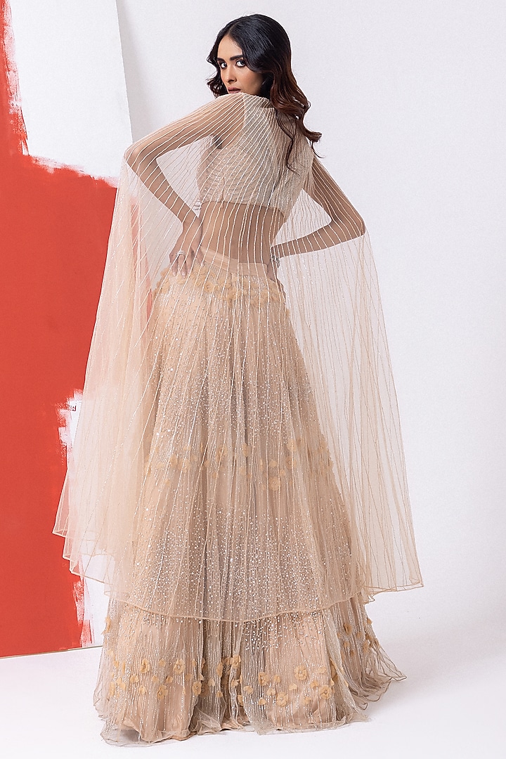 Tropical Peach Tulle Sequins Work Jacket Wedding Lehenga Set by Mehak Sharma at Pernia's Pop Up Shop