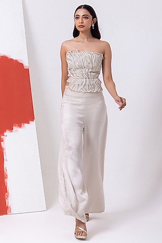 Opulent White Satin Pant Set by Mehak Sharma
