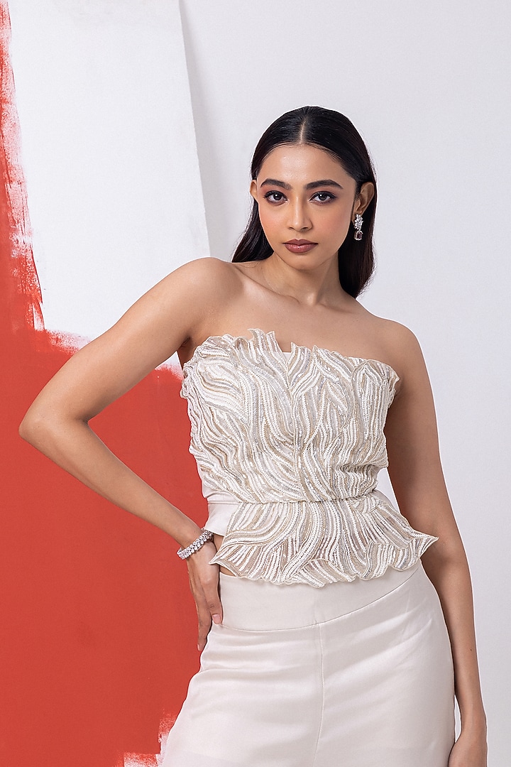 Opulent White Satin Pant Set by Mehak Sharma at Pernia's Pop Up Shop