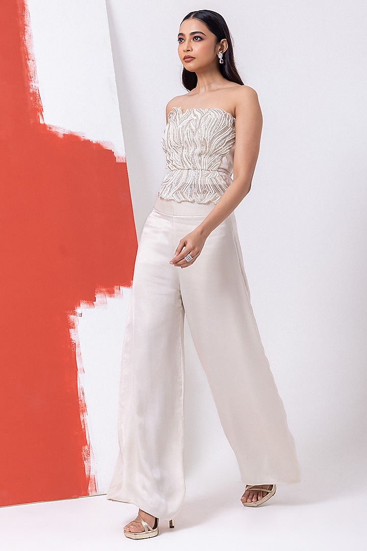 Opulent White Satin Pant Set by Mehak Sharma at Pernia's Pop Up Shop