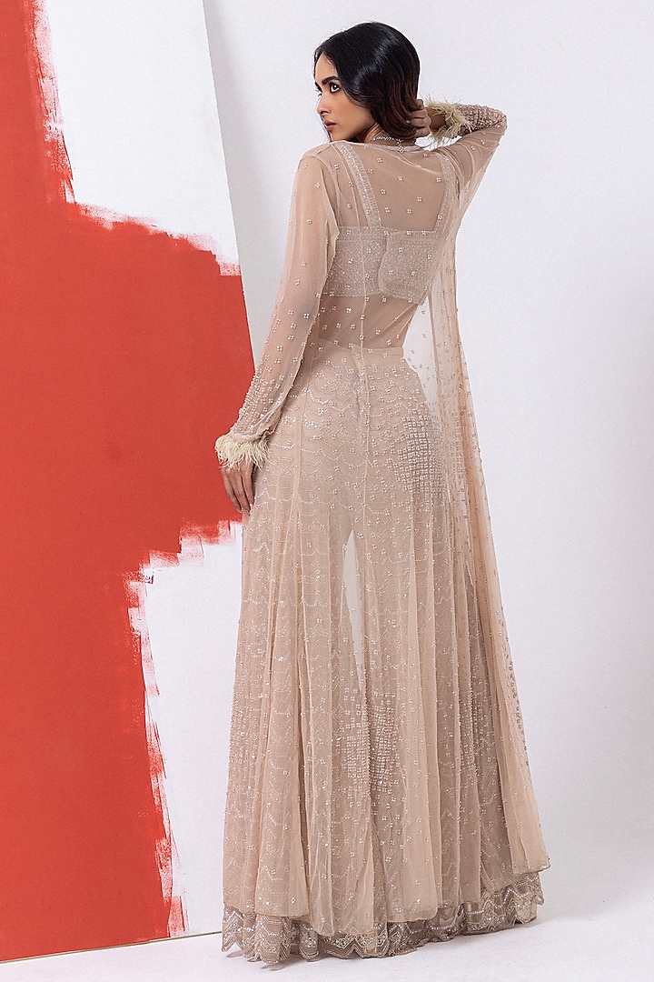Pear Blush Pink Tulle Hand Embroidered Cape Set by Mehak Sharma at Pernia's Pop Up Shop