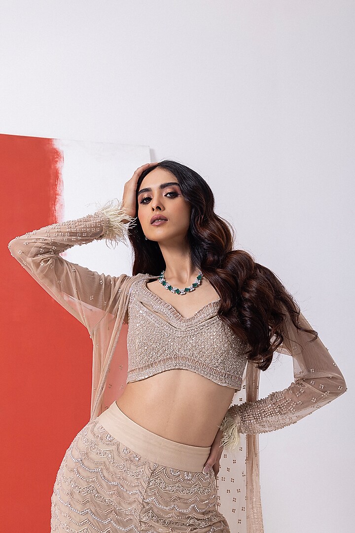 Pear Blush Pink Tulle Hand Embroidered Cape Set by Mehak Sharma at Pernia's Pop Up Shop