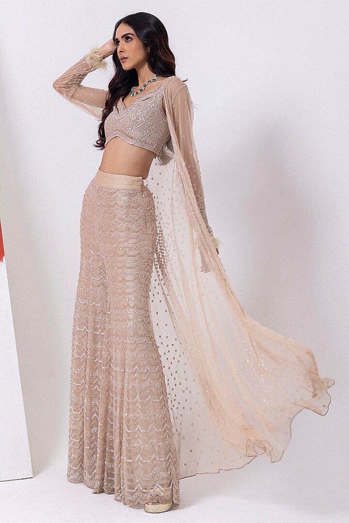 Pear Blush Pink Tulle Hand Embroidered Cape Set by Mehak Sharma at Pernia's Pop Up Shop