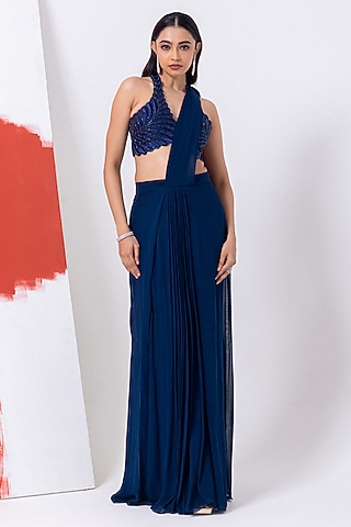 Pageant Blue Georgette Cutdana Work Draped Saree Set by Mehak Sharma
