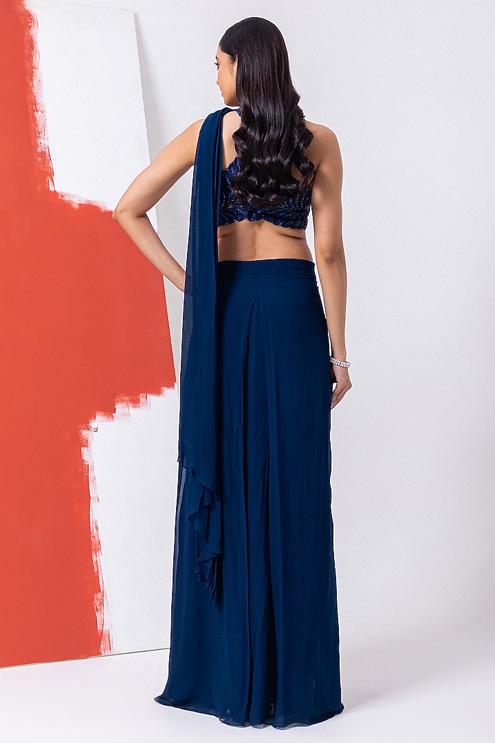 Pageant Blue Georgette Cutdana Work Draped Wedding Saree Set by Mehak Sharma at Pernia's Pop Up Shop