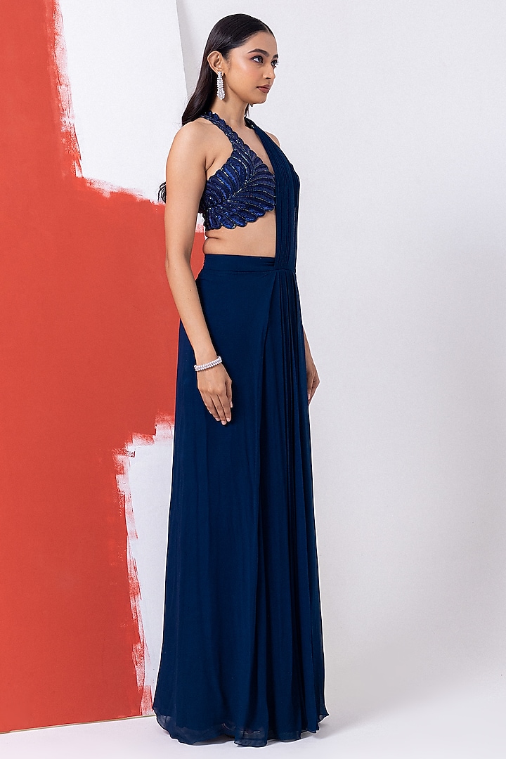 Pageant Blue Georgette Cutdana Work Draped Wedding Saree Set by Mehak Sharma at Pernia's Pop Up Shop