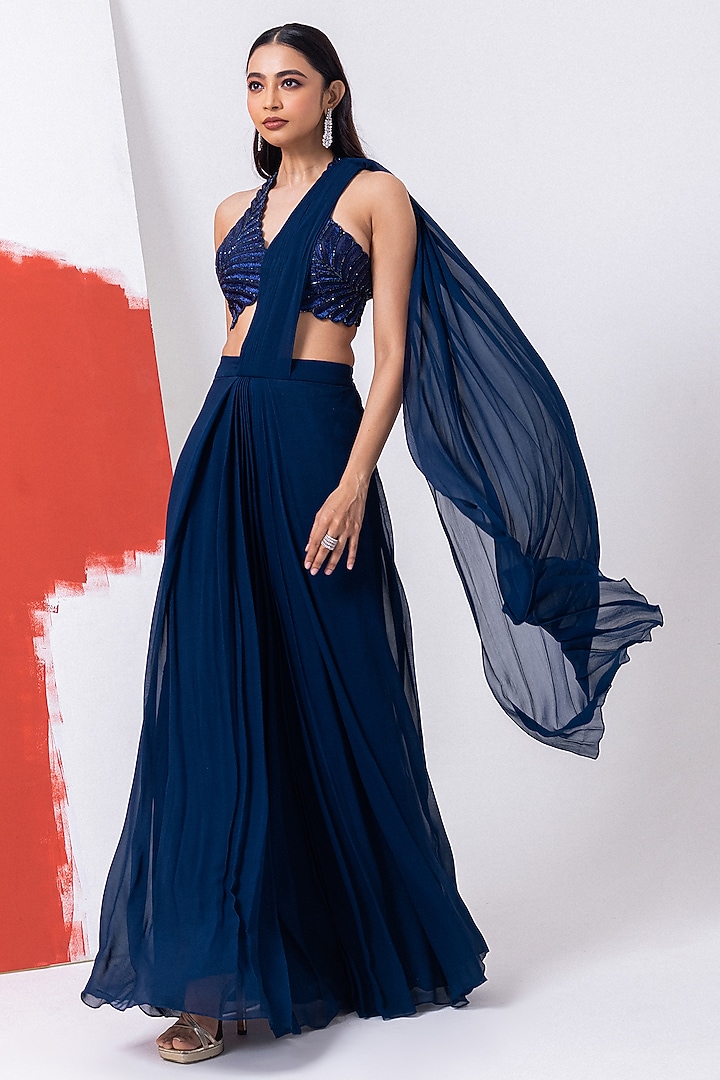 Pageant Blue Georgette Cutdana Work Draped Wedding Saree Set by Mehak Sharma at Pernia's Pop Up Shop
