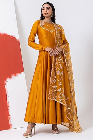 Maple Yellow Organza & Chanderi Silk Sequins Work Anarkali Set by Mehak Sharma