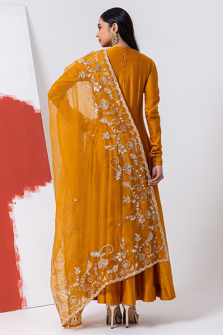 Maple Yellow Organza & Chanderi Silk Sequins Work Wedding Anarkali Set by Mehak Sharma at Pernia's Pop Up Shop