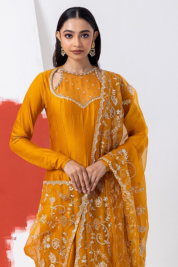 Maple Yellow Organza & Chanderi Silk Sequins Work Wedding Anarkali Set by Mehak Sharma at Pernia's Pop Up Shop
