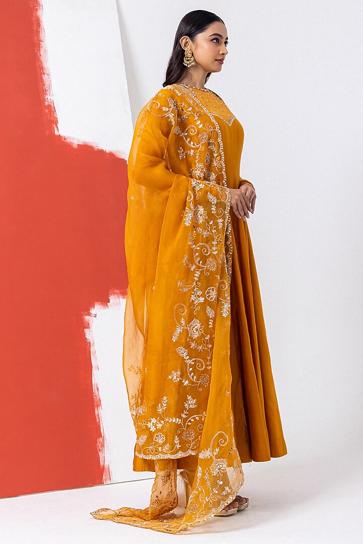 Maple Yellow Organza & Chanderi Silk Sequins Work Wedding Anarkali Set by Mehak Sharma at Pernia's Pop Up Shop